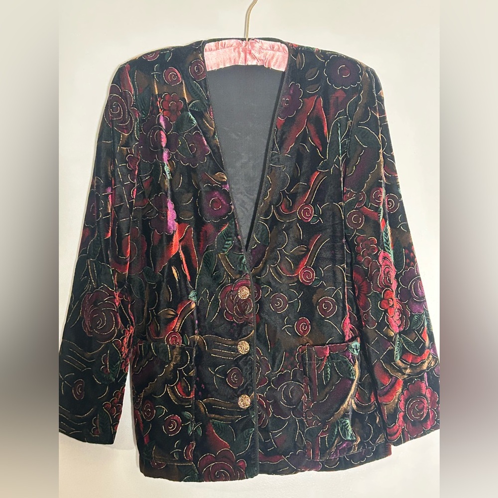 ✨VINTAGE ALIA Velvet Floral Blazer – Gold Metallic Trim – Size 10 ✨1990s